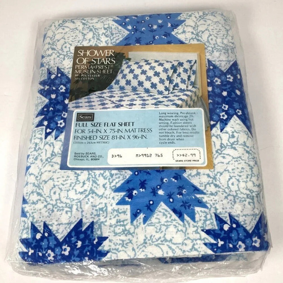 Sears Other - Vintage Sears Roebuck Blue Shower of Stars Patchwork Full Flat Sheet, New in Pkg